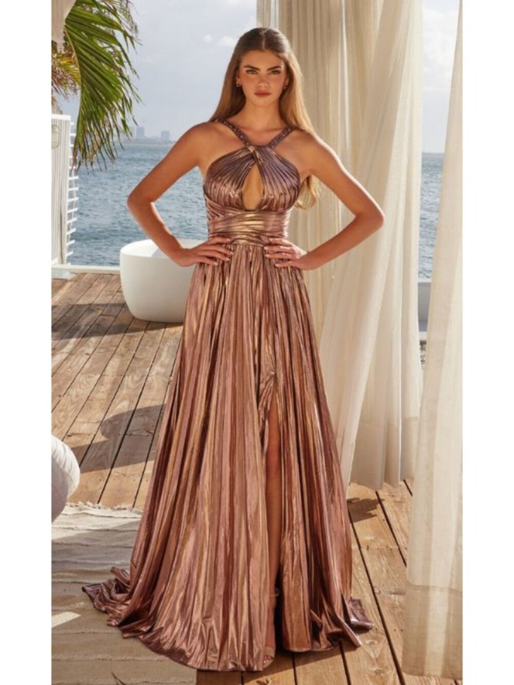 Clearance Bronze Size 4 Long Pleated Metallic Prom Gown by Nox Anabel Y1548